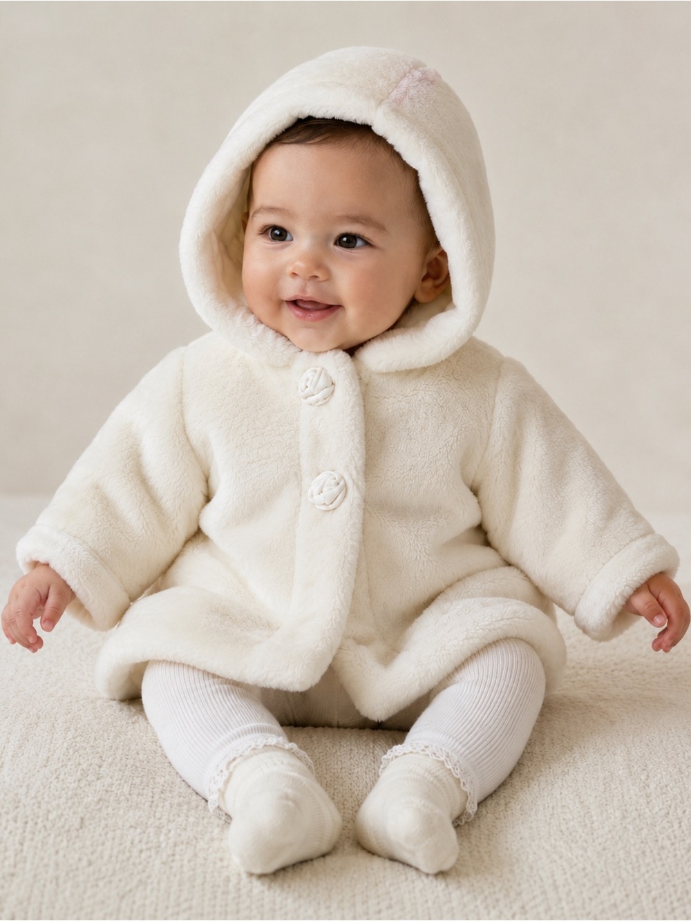 The Children’sPlace Baby Fuzzy Coat 3-6M Ivory Hooded Plush Jacket Cozy Cute